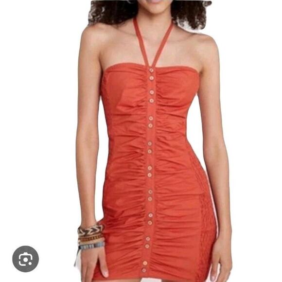 Free People Orange Button Up Scrunch Hold On Halter Mini Dress Size Medium - Picture 2 of 8